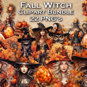 Fall Autumn Witch Clipart Bundle, Autumn Illustrations Clip art, Pumpkin Witches png, Fantasy Autumn Witchcraft, commercial use