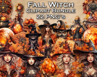Herbst Hexe Clipart Bundle, Herbst Illustrationen Clip Art, Kürbis Hexen Png, Fantasy Herbst Hexerei, kommerzielle Nutzung