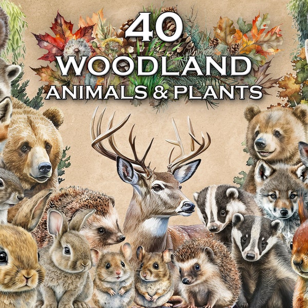 40 Woodland Animals Watercolor Clipart, commercial use, Transparent PNGs, Nursery Clipart, woodland creatures, woodland plants clipart