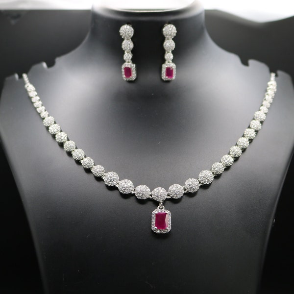 Faux Sapphire / Ruby CZ solitaire necklace with matching earrings |  round pendant | Short Necklace set | Indian Jewelry