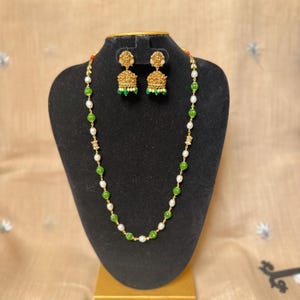 Gorgeous Pearls Mala set/ Long Necklace/Pearl Necklace Set/ Indian Jewelry/ High quality jewelry/ Pumpkin Jade haram/ Red and Green Beads