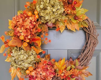 Fall wreath for front door, fall wreaths, Thanksgiving wreath, hydrangea fall wreath, harvest season wreath, farmhouse fall wreaths, Wreath
