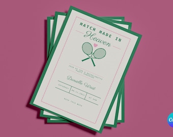 BACHELORETTE CANVA INVITE template | match made in heaven | tennis | green and pink |Girly themed invite | editable bachelorette invitation