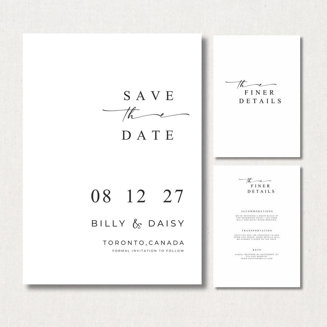 Editable Save the Date and Wedding Info Card Set Minimalist Black