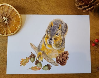 Squirrel in Fall (mini art print 5x7), Cottagecore, Whimsical Art, Squirrel Art, Fall Art, Watercolor Print, Cute Animal Art, Woodland art