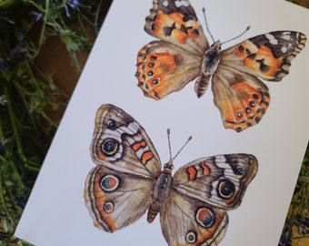 Painted Lady & Common Buckeye  (mini art print 5x7), Cottagecore Art, Whimsical Art, Nursery Art, Butterfly Art, Butterfly Watercolor