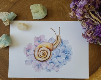Snail and Hydrangea (mini art print 5x7), Cottagecore Art, Whimsical Art, Nursery Art, Animal Wall Art, Snail Watercolor, Flower Print