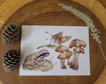 Frog with Skipper and Mushrooms  (mini art print 5x7), Cottagecore print, Whimsical Art, Fungi Art, Frog Art, Watercolor Print, Backyard Art