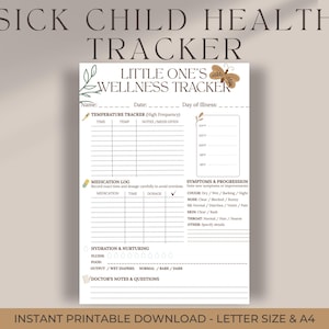 Op de afbeelding: Een afdrukbare welzijnstracker voor een ziek kind, met secties voor temperatuur, medicatie en symptomen. Het ontwerp bevat de tekst "Sick Child Health Tracker" en "Little One's Wellness Tracker". Verkrijgbaar in letterformaat en A4.