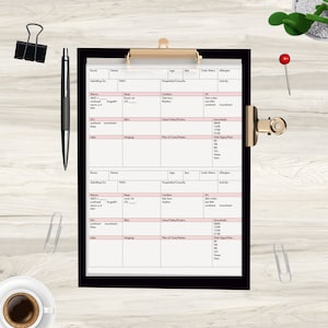 K&ouml;nnte beinhalten: Ein wei&szlig;er medizinischer Chart mit einer rosa Kopfzeile und schwarzem Text. Der Chart ist in Abschnitte f&uuml;r Patienteninformationen unterteilt, darunter Name, Zimmer, Alter, Geschlecht, Code-Status, Allergien, Aktivit&auml;t, behandelnder Arzt, neurologischer Status, respiratorischer Status, kardiovaskul&auml;rer Status, gastrointestinaler Status, Haut, Leitungen/R&ouml;hren/Drainagen, Labore, Bildgebung und Behandlungsplan/Notizen. Der Chart ist ein n&uuml;tzliches Werkzeug f&uuml;r medizinisches Fachpersonal, um Patienteninformationen und -pflege zu verfolgen.