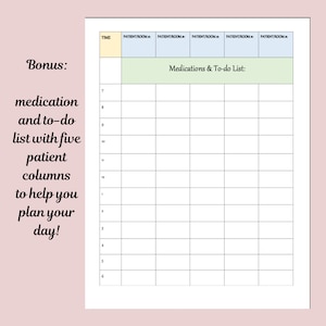 K&ouml;nnte beinhalten: Eine druckbare Checkliste f&uuml;r Medikamente und To-Dos mit f&uuml;nf Spalten f&uuml;r Patienteninformationen. Die Checkliste soll Ihnen helfen, Ihren Tag zu planen. Die Kopfzeile enth&auml;lt die Uhrzeit und f&uuml;nf Spalten mit der Bezeichnung "Patient/Zimmer #". Die zweite Zeile ist mit "Medikamente & To-Dos" beschriftet.