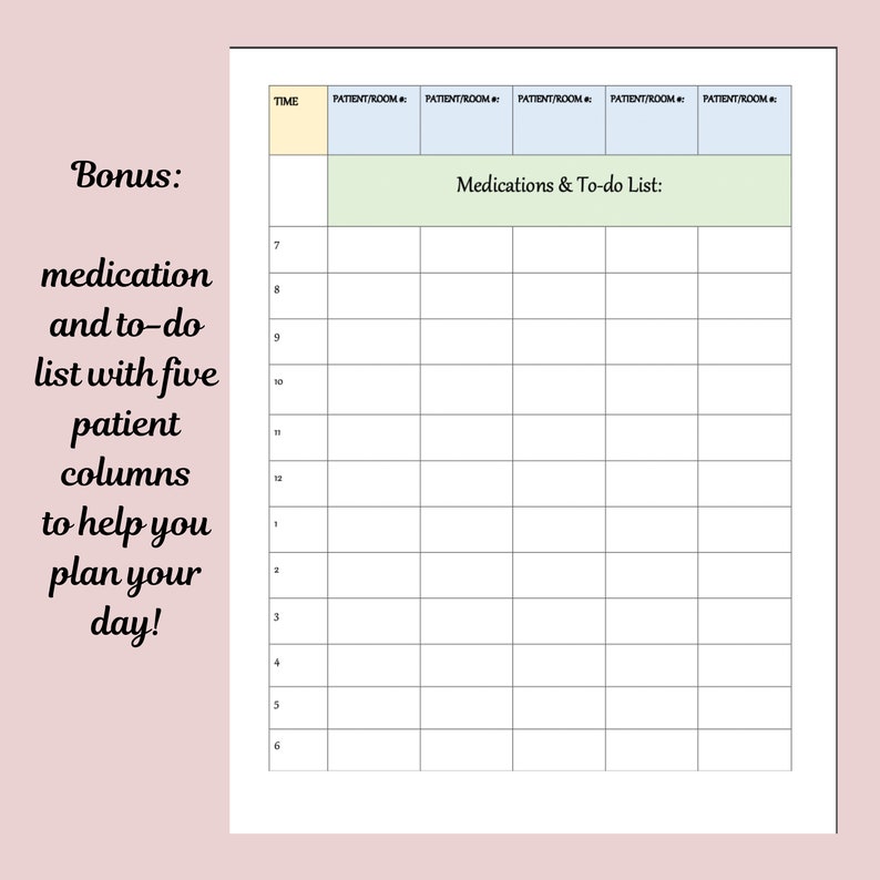K&ouml;nnte beinhalten: Eine druckbare Checkliste f&uuml;r Medikamente und To-Dos mit f&uuml;nf Spalten f&uuml;r Patienteninformationen. Die Checkliste soll Ihnen helfen, Ihren Tag zu planen. Die Kopfzeile enth&auml;lt die Uhrzeit und f&uuml;nf Spalten mit der Bezeichnung "Patient/Zimmer #". Die zweite Zeile ist mit "Medikamente & To-Dos" beschriftet.