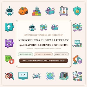 May include: A collection of 40 digital graphic elements and stickers featuring kids coding and digital literacy themes, including robots, computers, VR headsets, and 3D printers, with text reading EDUCATIONAL TEACHING AID COLLECTION.