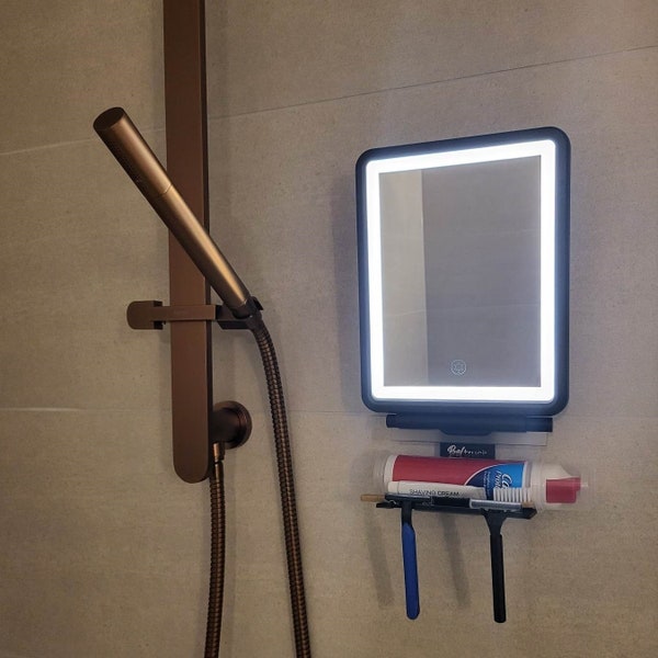 Shower Mirror Fogless for Shaving with LED Light, Razor Holder Hooks, Storage Shelf, Squeegee, Wall Mounted, Swivel Rotation, Waterproof