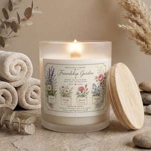 Candle with "Friendship Garden" label showing flowers and birth months.