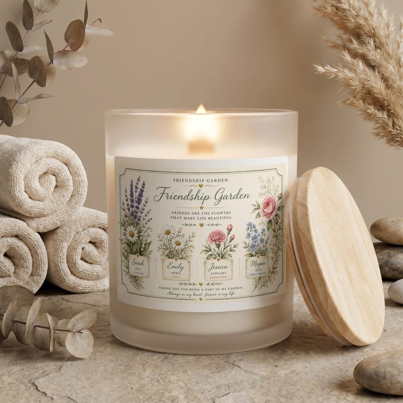 Candle with "Friendship Garden" label showing flowers and birth months.