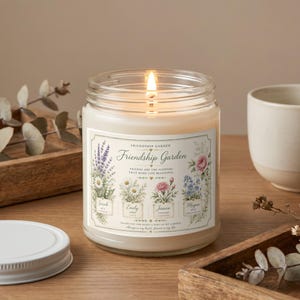 Friendship Garden candle with floral illustrations and personalized names and birth flowers.