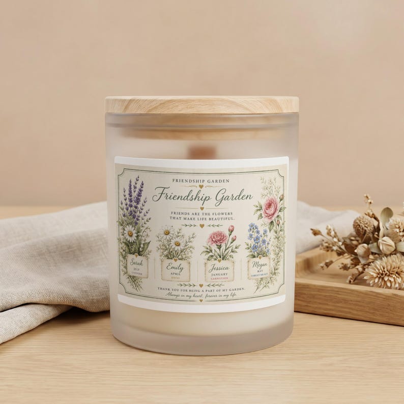 Friendship Garden candle with floral illustrations and birth month flowers.