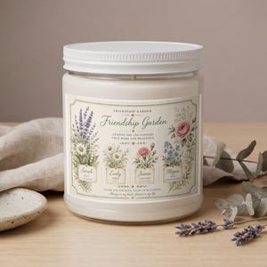 Friendship Garden candle with floral illustrations and text.