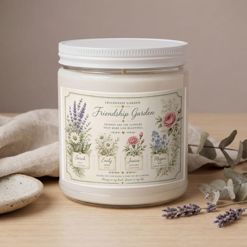 Friendship Garden candle with floral illustrations and text.