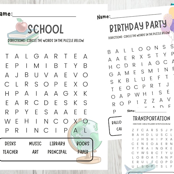 Word Search Printable Puzzle Kindergarten First Grade Word Search BUNDLE WORKSHEETS Homeschool Learning Word Search Puzzle for Kids