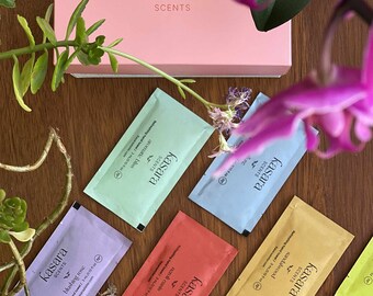 60 individually wrapped Hand wipes with Cologne from Kasara Scents | 10 different scents. Perfumed refreshing towels. Trendy wipes.