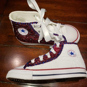 New Custom Rhinestone Shoes Hand Stoned Toddler High Top Sneakers Blinged Out Sparkly Red White & Blue Crystals Fun Fashion Ribbon Laces