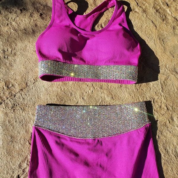 Custom Hand Stoned Fitness Wear Leggings & Sports Bra Aurora Borealis Rhinestones for Pageant or Everyday Sparkly Pink Workout