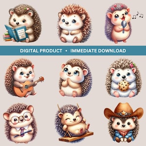 Pacote de aquarela de ouriço fofo clipart de ouriço download digital pacote de sublimação decoração de berçário arte de parede PNG transparente uso comercial