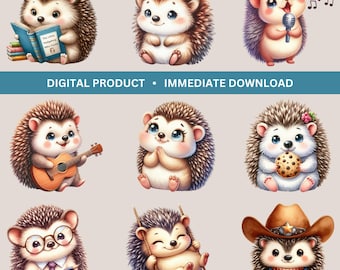 Watercolor Hedgehog Clipart, Cute Animal PNGs, Nursery Art (Digital Download)