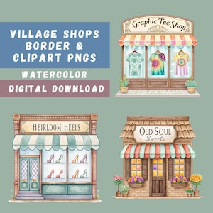Dorfläden Clipart-Bundle, 15 Aquarell-Gebäude, Crafty Sublimation, Pastell-Gebäude-Illustrationen, Laden-Grenze, transparente PNGs