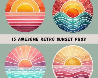Paquete de imágenes prediseñadas de atardeceres retro, 15 atardeceres vintage en acuarela, sublimación de atardeceres, imágenes prediseñadas de atardeceres, diseños de sol, grunge, PNG transparentes