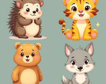Whimsical Animal Clipart Bundle, Cute PNG Graphics (Digital Download)