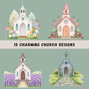 Church Clipart Bundle, 15 Watercolor Church Illustrations, Rustic Chapels, Faith, Religion Sublimation, Religious Art, Transparent PNGs
