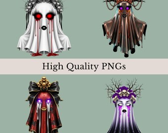 Gothic Ghosts Clipart, 12 Spooky Ghost Designs, Ghost Sublimation, Creepy Ghost Illustrations, Haunted Spirit Graphics, Transparent PNGs