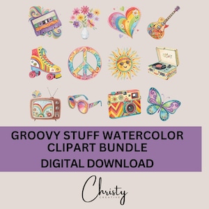 Groovy Sublimation Bundle, 12 Watercolor Retro Designs, Vintage Record Player, T-shirt Design, Peace Sign Clip Art, Old TV, Transparent PNGs