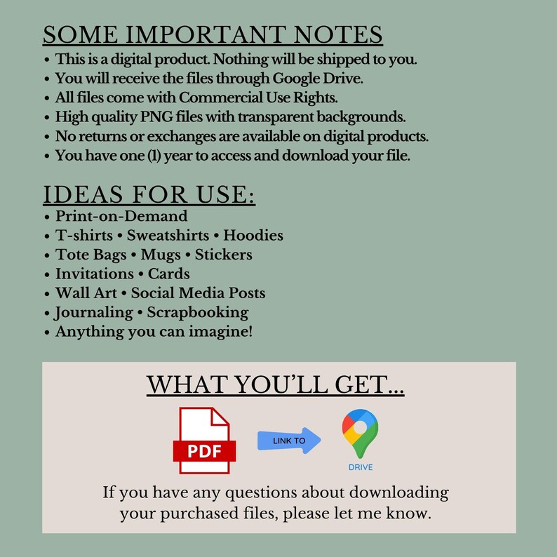 May include: Digital product information graphic with text including "SOME IMPORTANT NOTES" and "IDEAS FOR USE: Print-on-Demand, T-shirts, Sweatshirts, Hoodies, Tote Bags, Mugs, Stickers, Invitations, Cards, Wall Art, Social Media Posts, Journaling, Scrapbooking".
