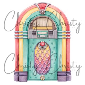 Jukebox, Retro Watercolor Jukebox, Music Lover, T-shirt Design, Mug Design, Print on Demand, Sublimation Jukebox, Retro PNG, Transparent PNG