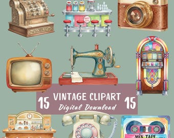 Paquete de imágenes PNG con elementos vintage, 15 ilustraciones retro en acuarela, años 70 y 80, arte mural imprimible, creación de tarjetas, PNG transparentes