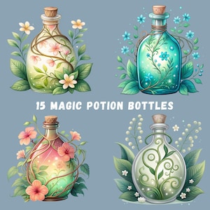 Watercolor Bottles, Magic Potion Floral Bottle, Magic Illustration, Flower Potion Bottle, Clipart Witch Potions, Magical Transparent PNGs