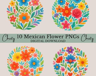 Mexican Flowers Clipart Bundle, 10 Watercolor Fiesta Floral Designs, Colorful Flower Images, Hispanic Design Downloads, Transparent PNGs
