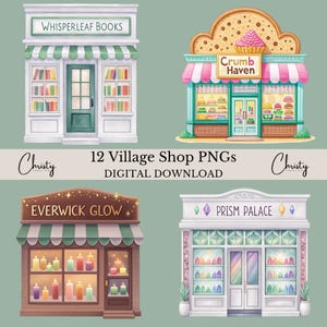 Village Shops Clipart Bundle, 12 Watercolor Buildings, Crafty Sublimation, Pastel Building Illustrations, Shop Border, Transparent PNGs