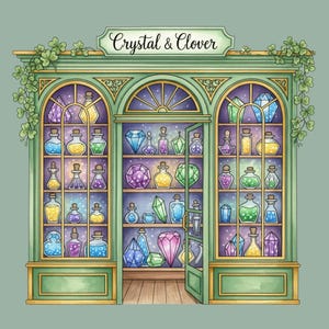 Op de afbeelding: Waterverfillustratie van een winkel genaamd "Crystal & Clover". De winkel heeft planken vol kleurrijke drankflessen en edelstenen. De buitenkant is groen geschilderd met gouden randen, en de naam van de winkel staat hierboven.