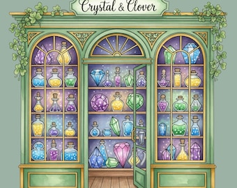 Village Shops PNG-bundel, 12 aquarelillustraties storefront, shopsublimatie, scrapbooking en junkjournal-graphics, transparante png-bestanden
