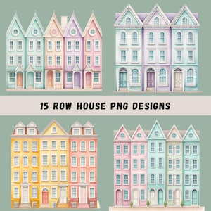 Row House Borders Clipart Bundle, 15 Whimsical Watercolor Row Houses, House Sublimation, Junk Journal, Scrapbook, Transparent PNGs
