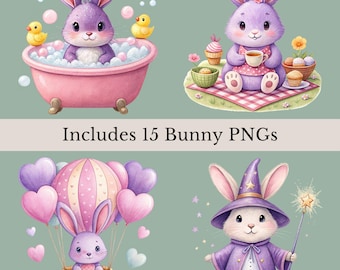 Lapin violet sublimation PNG, 15 dessins de clipart lapin aquarelle, art baby shower fille, art mural chambre d'enfant, lapins mignons, PNG transparents