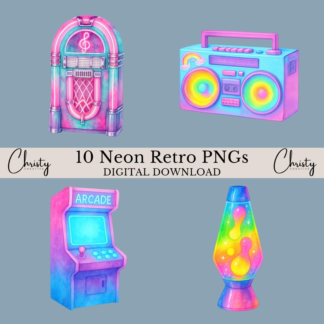 Neon Retro Clipart Bundle, 10 Watercolor Vintage Neon, Card Making ...