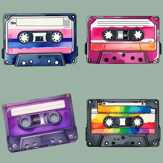Watercolor Cassette Tape Clipart Bundle, 12 Vintage Cassette Tape Graphics, Music Lovers Design, Music Clipart, Retro PNGs, Retro Cassettes