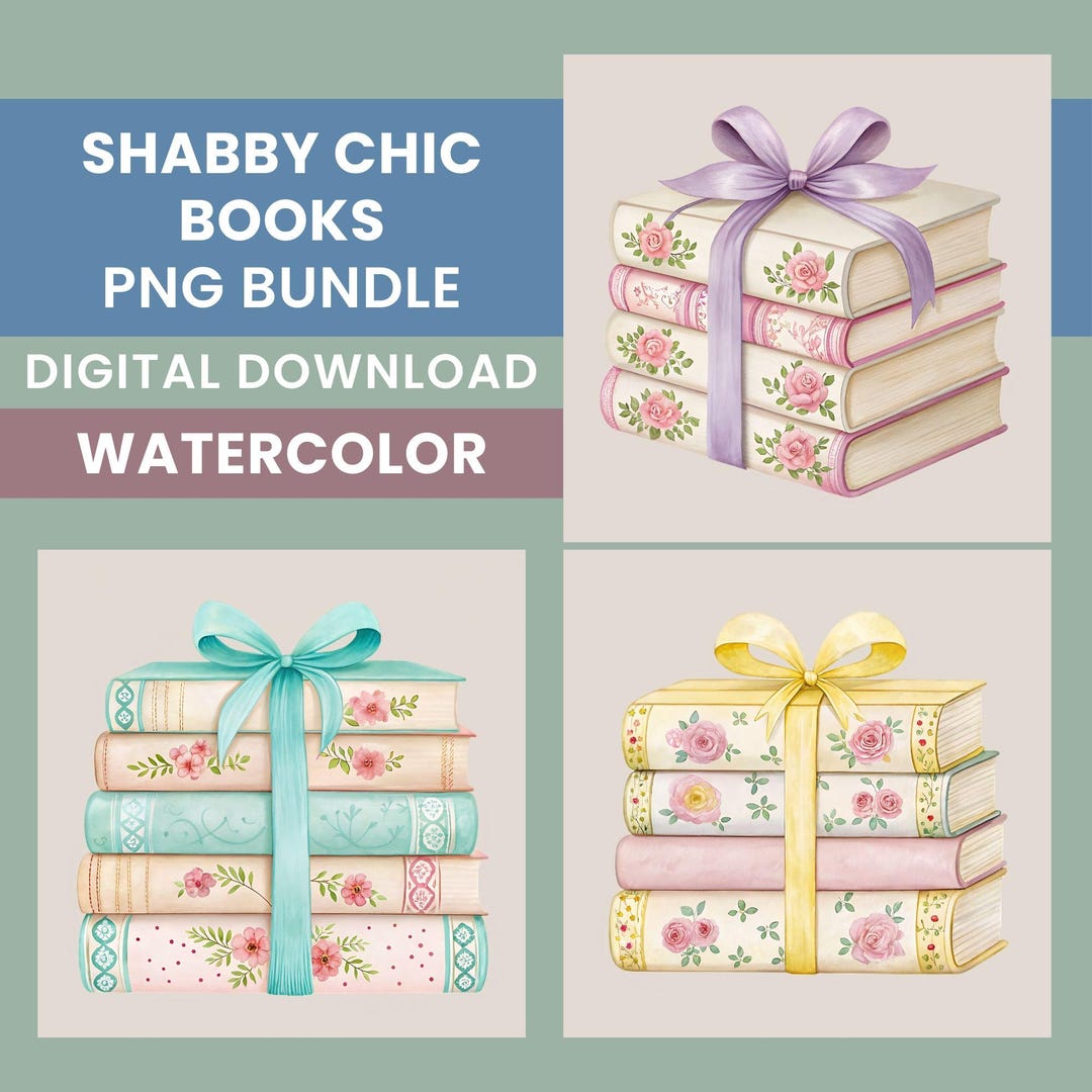 Shabby Chic Books PNG Bundle, 15 Watercolor Vintage Books, Cottagecore ...