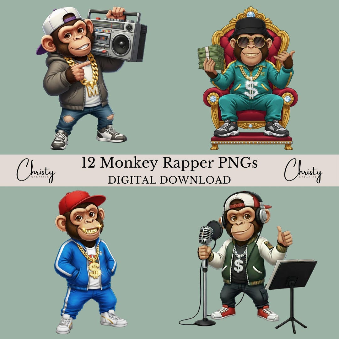 Monkey Rappers PNG Bundle, 12 Cute Monkey Illustrations, Monkey ...